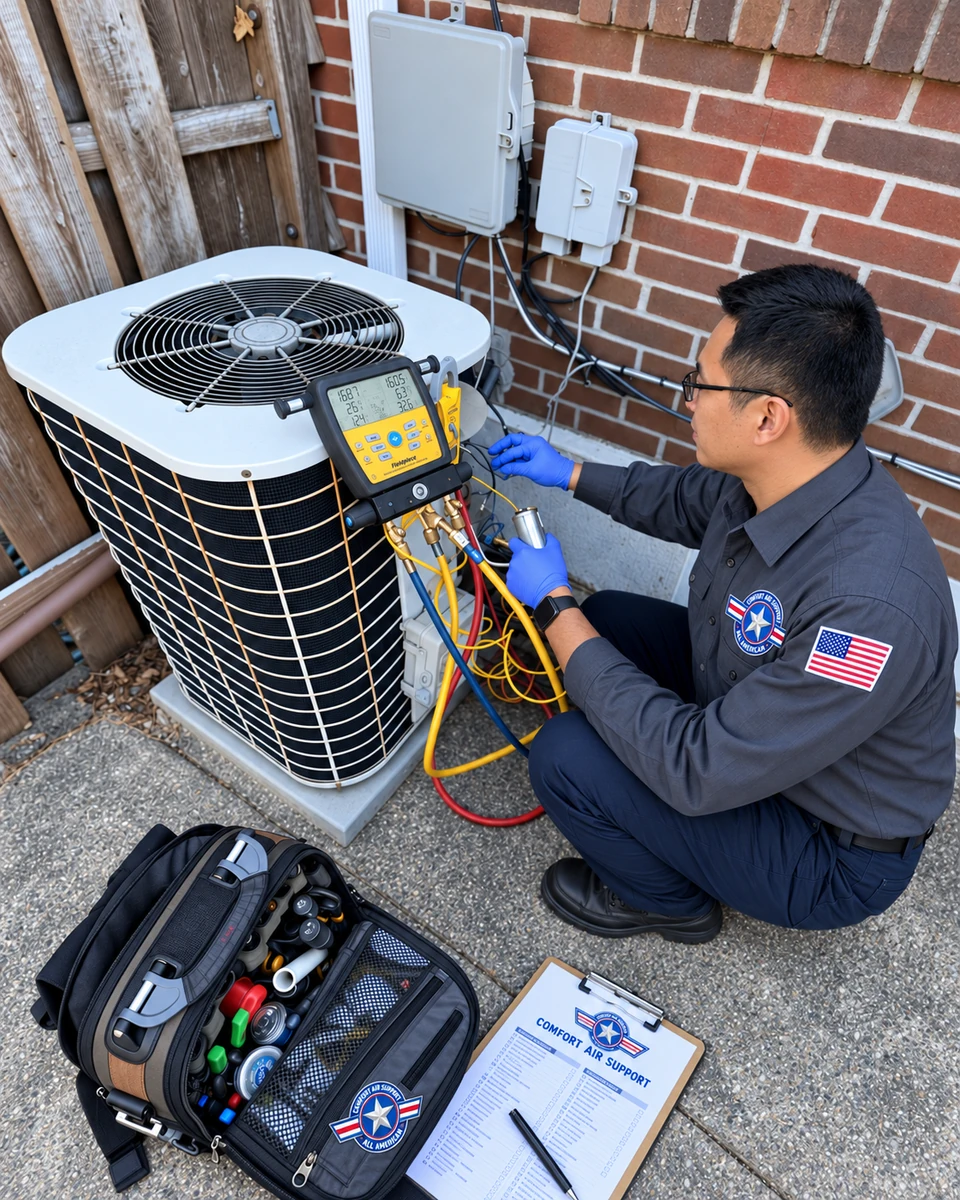 CAS brand illustration of a technician in a gray uniform servicing an outdoor air conditioner