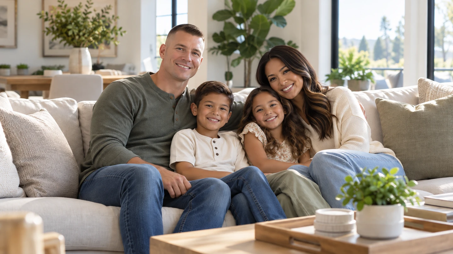 CAS Home A family of four relaxing together in a bright, comfortable living room