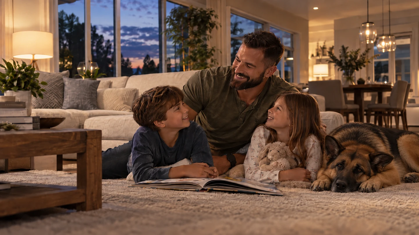 CAS Home A father reads with his two children while their German shepherd rests in a clean living room